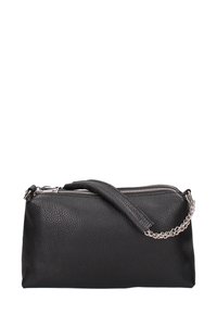 Zwarte leren clutch met een gestructureerde afwerking, verstelbare schouderketting en een ritsafsluiting aan de bovenkant. Heeft een ronde vorm.