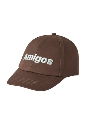 Brown baseball cap with white stitched text "Amigos" on front, featuring curved brim and top button.