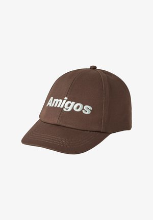 Brown baseball cap with white stitched text "Amigos" on front, featuring curved brim and top button.