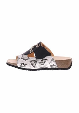 Open-toe slide sandal with white and gray snakeskin pattern, black adjustable strap, cork sole, and black rubber outsole.