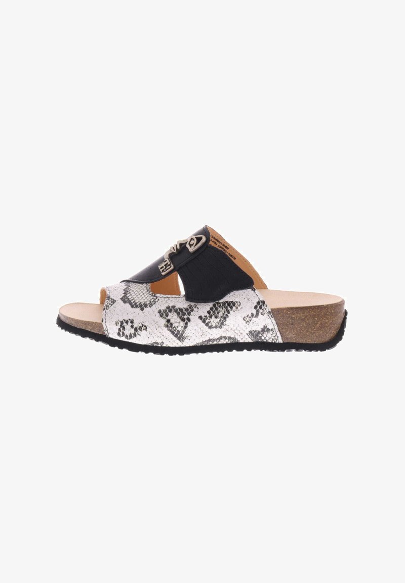 Open-toe slide sandal with white and gray snakeskin pattern, black adjustable strap, cork sole, and black rubber outsole.