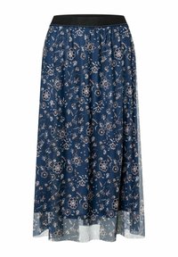 Lang marineblå nederdel med en sort elastisk talje, der har et blomstermønster i hvidt. Stoffet er gennemsigtigt ved bundkanten.