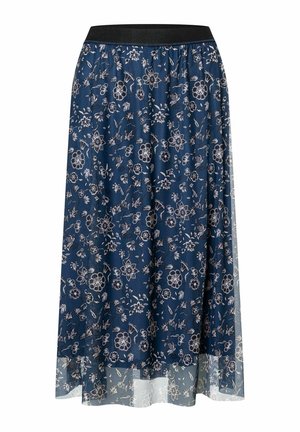 Jupe longue bleu marine avec un waistband élastique noir, ornée d'un motif floral en blanc. Le tissu est transparent sur le bas de l'ourlet.
