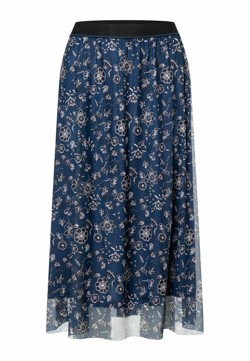 Lang marineblå nederdel med en sort elastisk talje, der har et blomstermønster i hvidt. Stoffet er gennemsigtigt ved bundkanten.