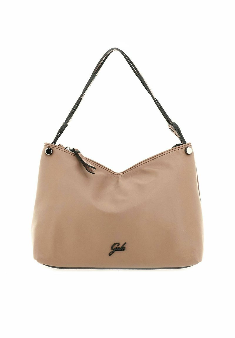 Beige handtas met rits en een zwarte acccent, voorzien van een enkele schouderband. Glad materiaal met een lichte glans en een logo detail aan de voorkant.
