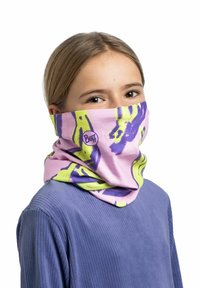 Multicolor neck scarf by Buff, featuring a pink background with green and purple abstract patterns. Soft, stretchy fabric, tubular design.