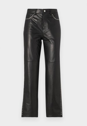 Black leather pants with a straight leg design, featuring metallic stud accents along the pockets and side seams for added detail.