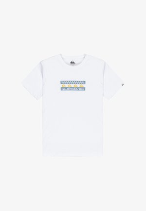 Witte katoenen t-shirt met een blauw, geel en zwart grafisch ontwerp met het "Quiksilver" logo en golfpatronen over de borst.