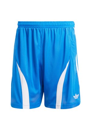 Calções desportivos azuis feitos de um tecido leve e suave. Apresentam painéis laterais brancos e uma cintura elástica. Logótipo da Adidas impresso na bainha.