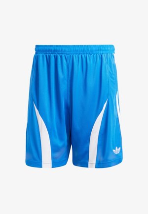 Modré športové šortky vyrobené z hladkej, ľahkej tkaniny. Obsahujú biele bočné panely a elastický pás. Na leme je potlačené logo Adidas.
