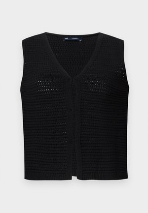 Black knitted vest with a V-neckline, open front, and textured pattern. Short sleeves with a loose fit and ribbed hem detailing.