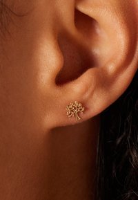 Boucles d'oreilles en forme d'arbre en or avec des accents de feuilles, mises en valeur sur un gros plan de peau humaine près de l'oreille, soulignant leur design complexe et leur texture.