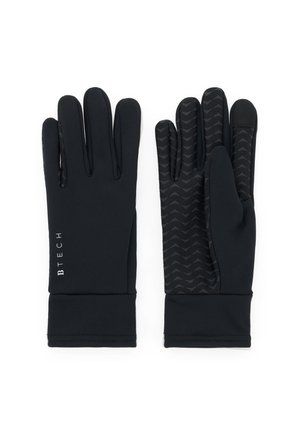 Paire de gants noirs doux, l’un montrant un dos lisse avec le logo BTECH, l’autre la paume avec un motif antidérapant et un bout de doigt compatible écran tactile.