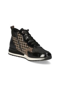 High-Top-Sneaker aus schwarzem Lackleder und Hahnentrittmuster, grauen Mesh-Akzenten, schwarzen Schnürsenkeln und einer strukturierten Gummisohle.