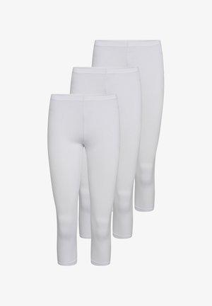 Hvide leggings, tre par vist, lavet af glat stof, midthøjde med elastiske taljebånd og uden synlige mønstre eller accenter.