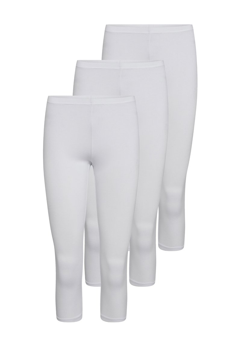 Hvide leggings, tre par vist, lavet af glat stof, midthøjde med elastiske taljebånd og uden synlige mønstre eller accenter.