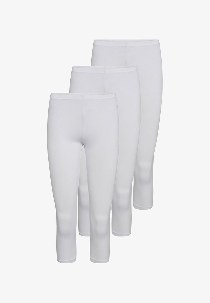 Hvide leggings, tre par vist, lavet af glat stof, midthøjde med elastiske taljebånd og uden synlige mønstre eller accenter.