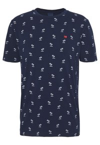 T-shirt in cotone blu navy con motivo di palme bianche e accento del logo rosso. Maniche corte e girocollo classico.