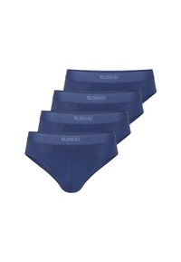 Dunkelblaue Baumwollslips für Herren im Viererpack, mit einem flexiblen Bund mit SLOGGI-Logo und einer glatten, bequemen Textur.
