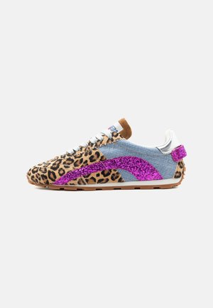 Low-profile sneaker with leopard print, denim panels, and purple glitter stripe on white sole with gum outsole.