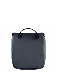 Borsa da pranzo isolata grigia con forma strutturata, materiale in tessuto, piccola maniglia superiore e chiusure a strappo laterali.