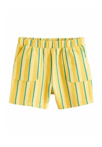 Geel short met verticale blauwe en witte stripes, elastische tailleband en twee voorzakken. Gemaakt van zachte stof, ideaal voor casual gebruik.