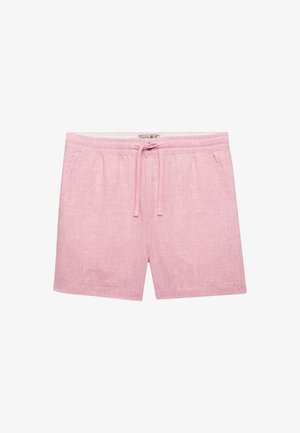 Lichtroze casual korte broek met elastische tailleband, trekkoord en zijzakken, plat gelegd op een witte achtergrond.