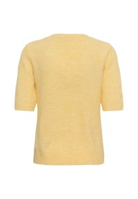 Pull en maille jaune clair à manches courtes et poignets côtelés, vu de dos sur fond blanc uni.