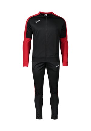 Schwarzer Sportanzug mit roten Ärmeln und Seitenstreifen, mit durchgehendem Frontreißverschluss und weißem Logo auf Jacke und Hose.