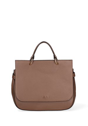 Borsa a tracolla in pelle marrone con superficie testurizzata, forma rettangolare, manico superiore e dettagli in metallo dorato. Nessun marchio visibile.