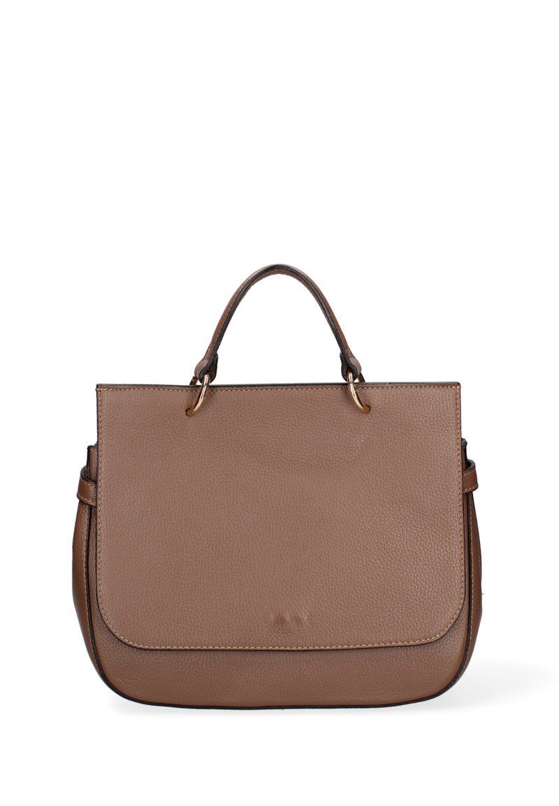 Borsa a tracolla in pelle marrone con superficie testurizzata, forma rettangolare, manico superiore e dettagli in metallo dorato. Nessun marchio visibile.