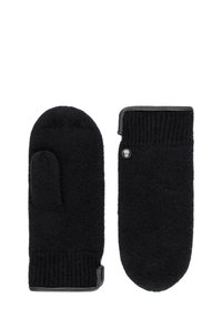 Ein Paar schwarze gestrickte Handschuhe mit gerippten Bündchen und einem kleinen runden Metall-Logo auf der Rückseite eines Handschuhs.