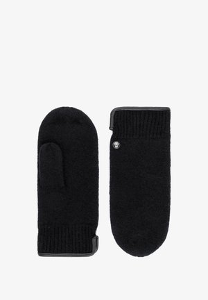 Pair of black knitted mittens with ribbed cuffs and small round metal logo on one mitten's back.