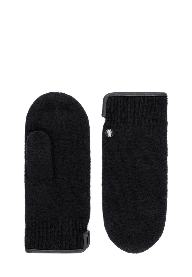 Ein Paar schwarze gestrickte Handschuhe mit gerippten Bündchen und einem kleinen runden Metall-Logo auf der Rückseite eines Handschuhs.