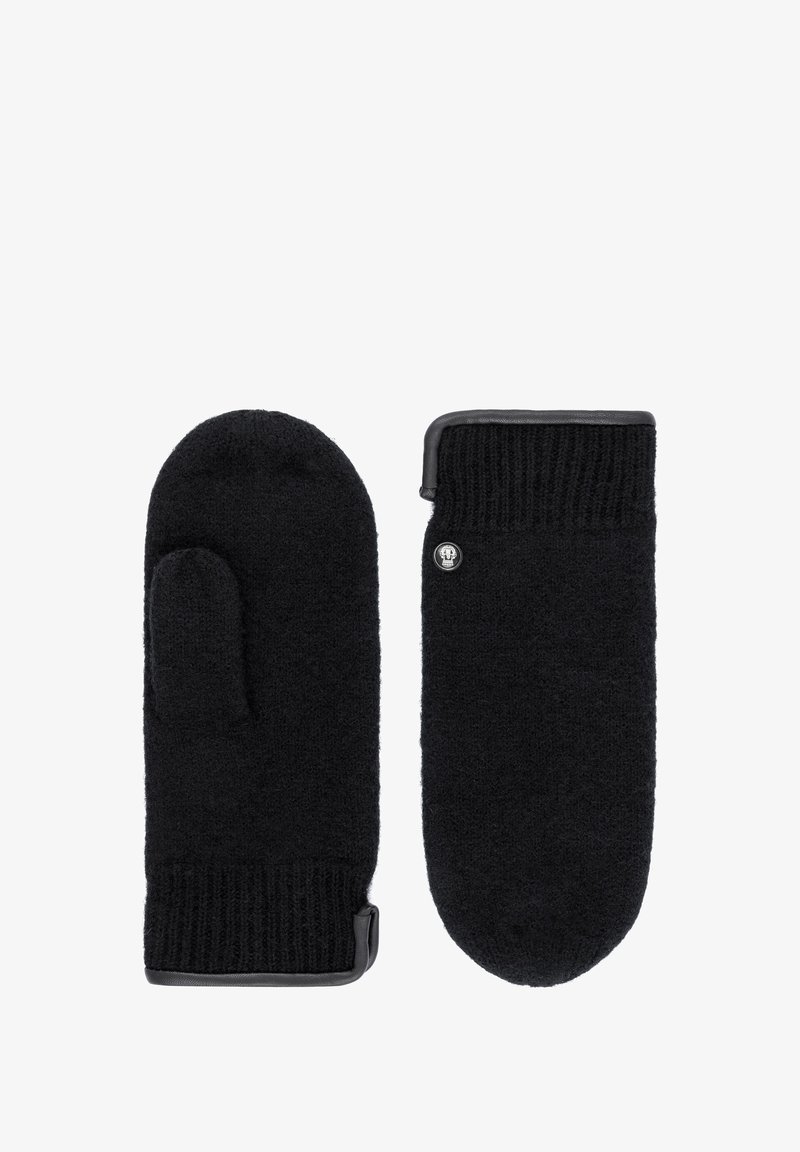Pair of black knitted mittens with ribbed cuffs and small round metal logo on one mitten's back.