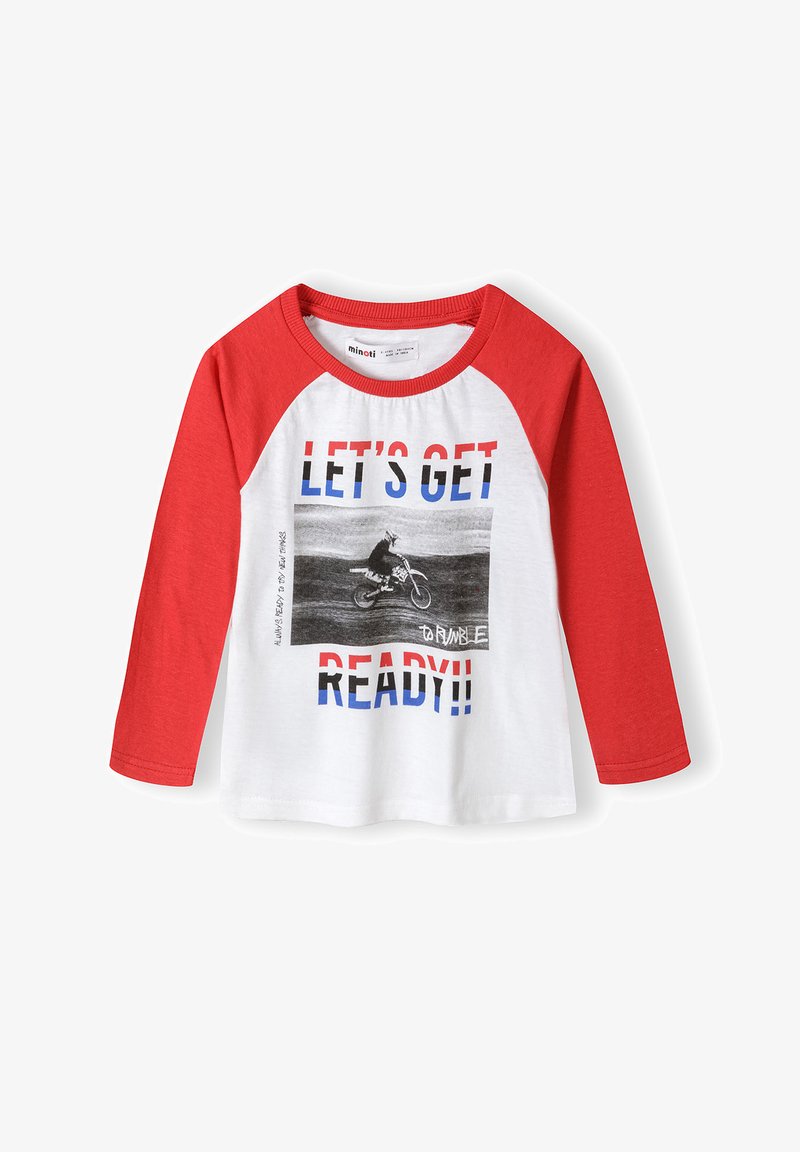 Hosszú ujjú póló piros raglán ujjakkal, fehér testtel, motorral és a "KÉSZÜLJÜNK FEL!!" felirattal kék és piros színben.