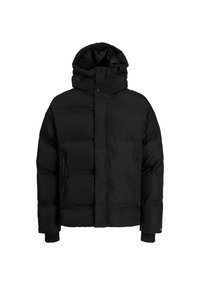 Giubbotto di piumino nero con colletto alto e cappuccio integrato. Presenta tasche laterali con zip e polsini elasticizzati. Realizzato in materiale liscio e isolante.