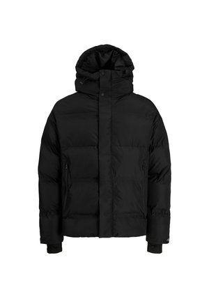 Zwarte bodywarmer met een hoge kraag en aangehechte capuchon. Voorzien van ritszakken opzij en elastische manchetten. Gemaakt van glad, geïsoleerd materiaal.