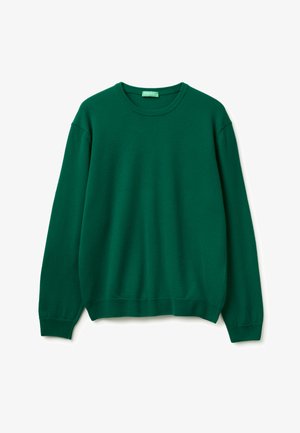 Maglione a maniche lunghe verde con colletto rotondo, presente su uno sfondo bianco, con polsini e orlo a coste.