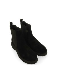 Botas de tobillo de ante negro con paneles laterales elásticos, punta redondeada y suela de goma texturizada. Asa en el talón para ponérselas fácilmente.
