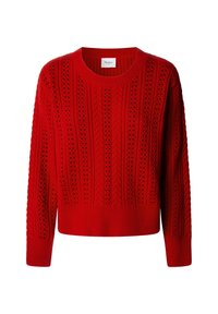 Pull rouge en tricot avec motifs torsadés et ajourés, col rond, poignets et ourlet côtelés.