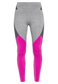 Grå och svarta träningsleggings med ljusrosa detaljer, en åtsittande design och mjukt, elastiskt material för komfort och flexibilitet.