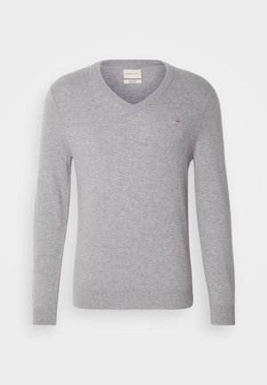 Gray wool V-neck sweater with long sleeves, featuring a small embroidered logo on the chest and ribbed cuffs and hem.