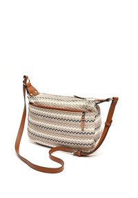 Texturerad beige tygväska med zigzagmönster, bruna läderdetaljer, två fickor med dragkedja och en justerbar rem.