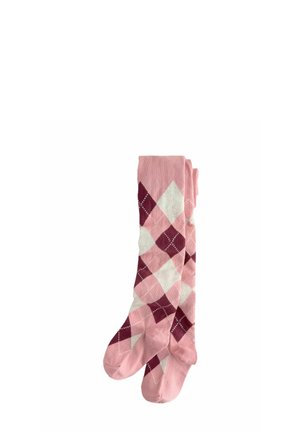 Chaussettes montantes roses avec un motif en diamant dans des nuances de rose et de bordeaux, agrémentées de subtils accents blancs et d'une texture douce.