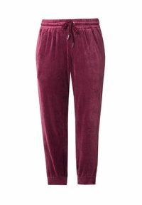 Burgundské velurové kalhoty jogger s elastickým pasem, utahovací šňůrkou a zúženými manžetami. Hladká textura s jemným leskem.