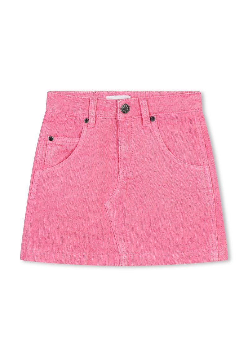 Roze denim mini-rok met vijf zakken, contrasterende stiksels en een knoopsluiting. Heeft een subtiel patroon dat in de stof is ingebossen.