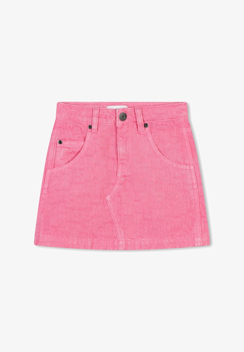 Roze denim mini-rok met vijf zakken, contrasterende stiksels en een knoopsluiting. Heeft een subtiel patroon dat in de stof is ingebossen.
