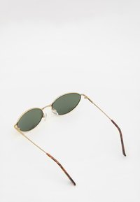 Kultaiset metalliset aurinkolasit, joissa on vihreät linssit, soikea muoto ja läpinäkyvät nenätyynyt. Temppuissa on kilpikonnakuosiset yksityiskohdat.