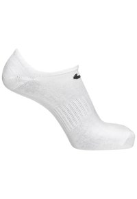 Calzino bianco alla caviglia con una texture liscia, caratterizzato da motivi a coste e un logo nero sul risvolto. Forma curva con punta rinforzata.